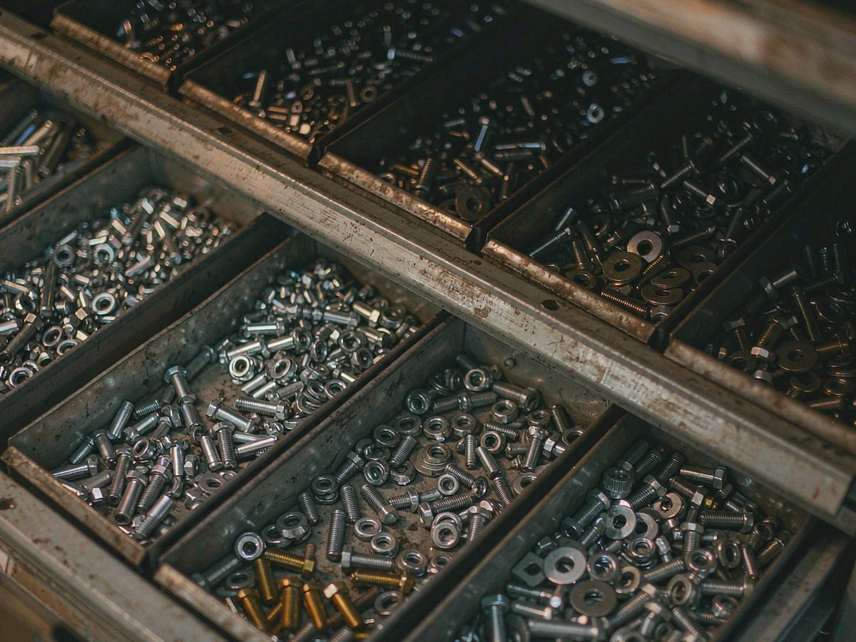 Workshop storage bins holding sorted hex bolts, nuts and washers